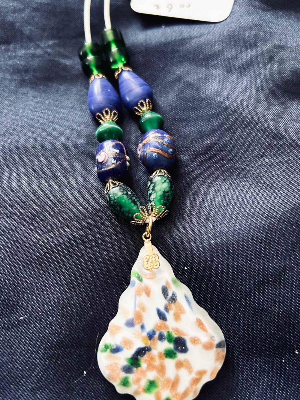 NECKLACE BLOWN GLASS TRIANGLE DROP IN GREEN/YELLOW/WHITE WITH GREEN & BLUE BEADS